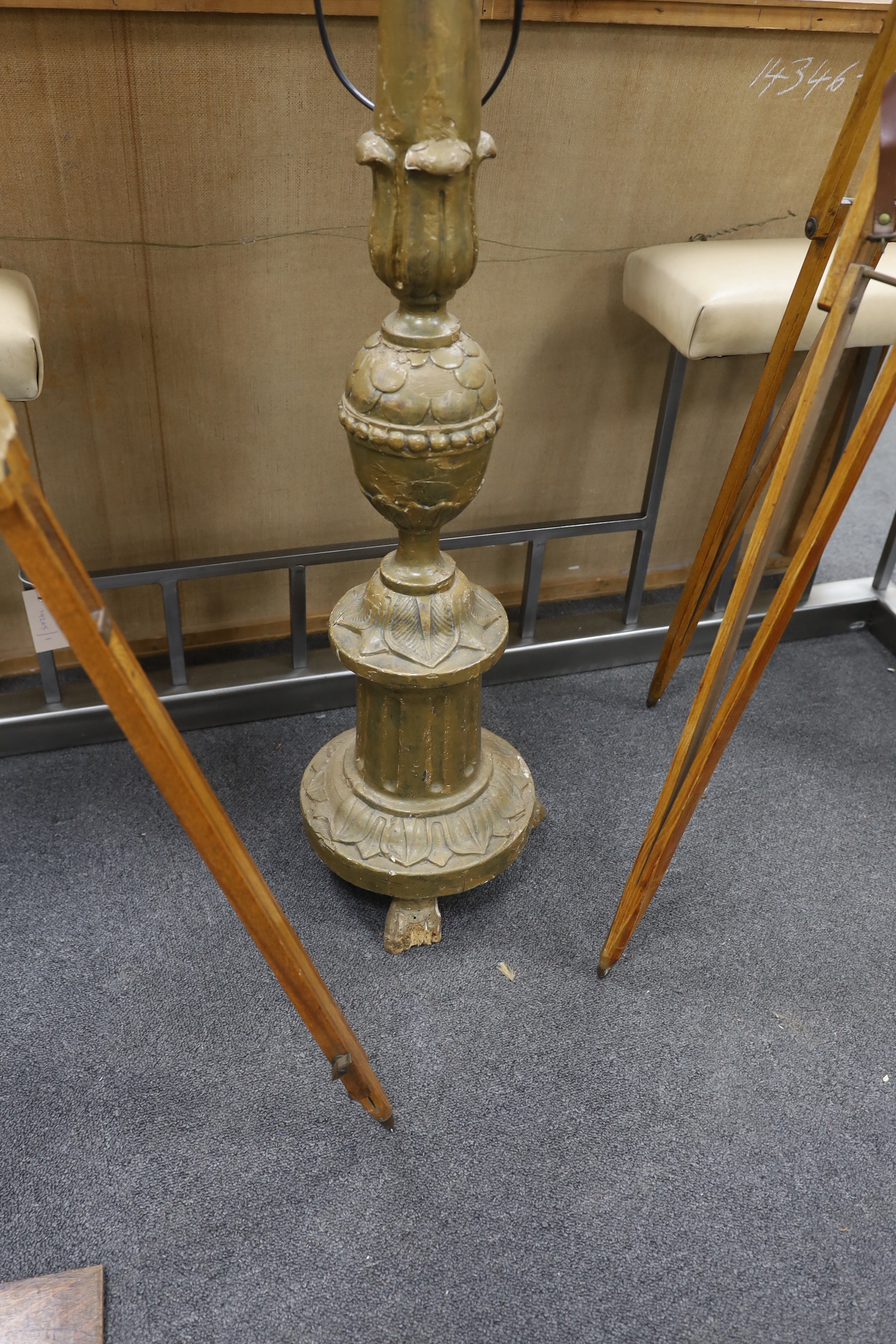 A painted and carved wood standard lamp, height including shade, 124cm